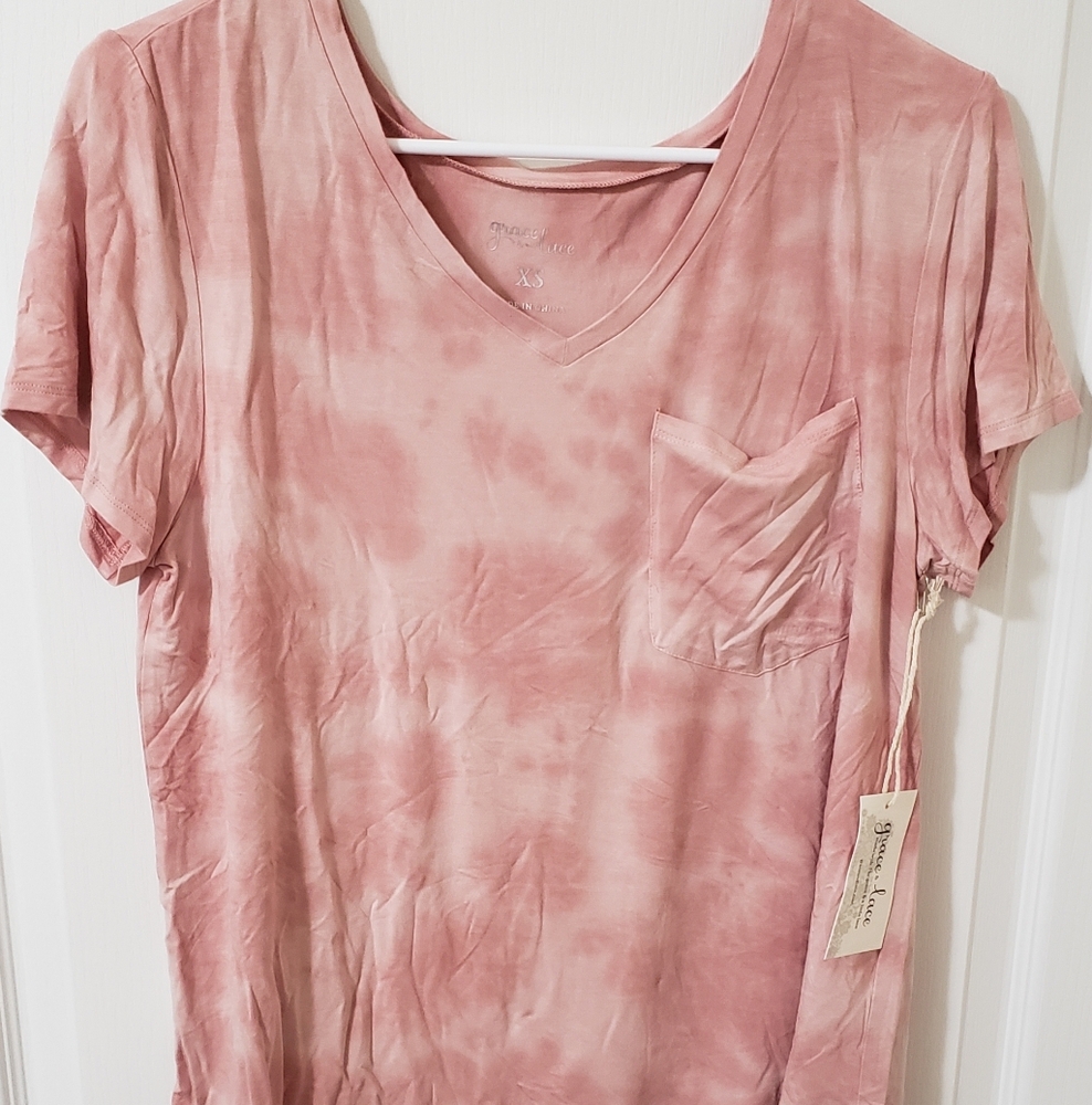 Grace & Lace Pink Tie-Dye V-Neck Tee